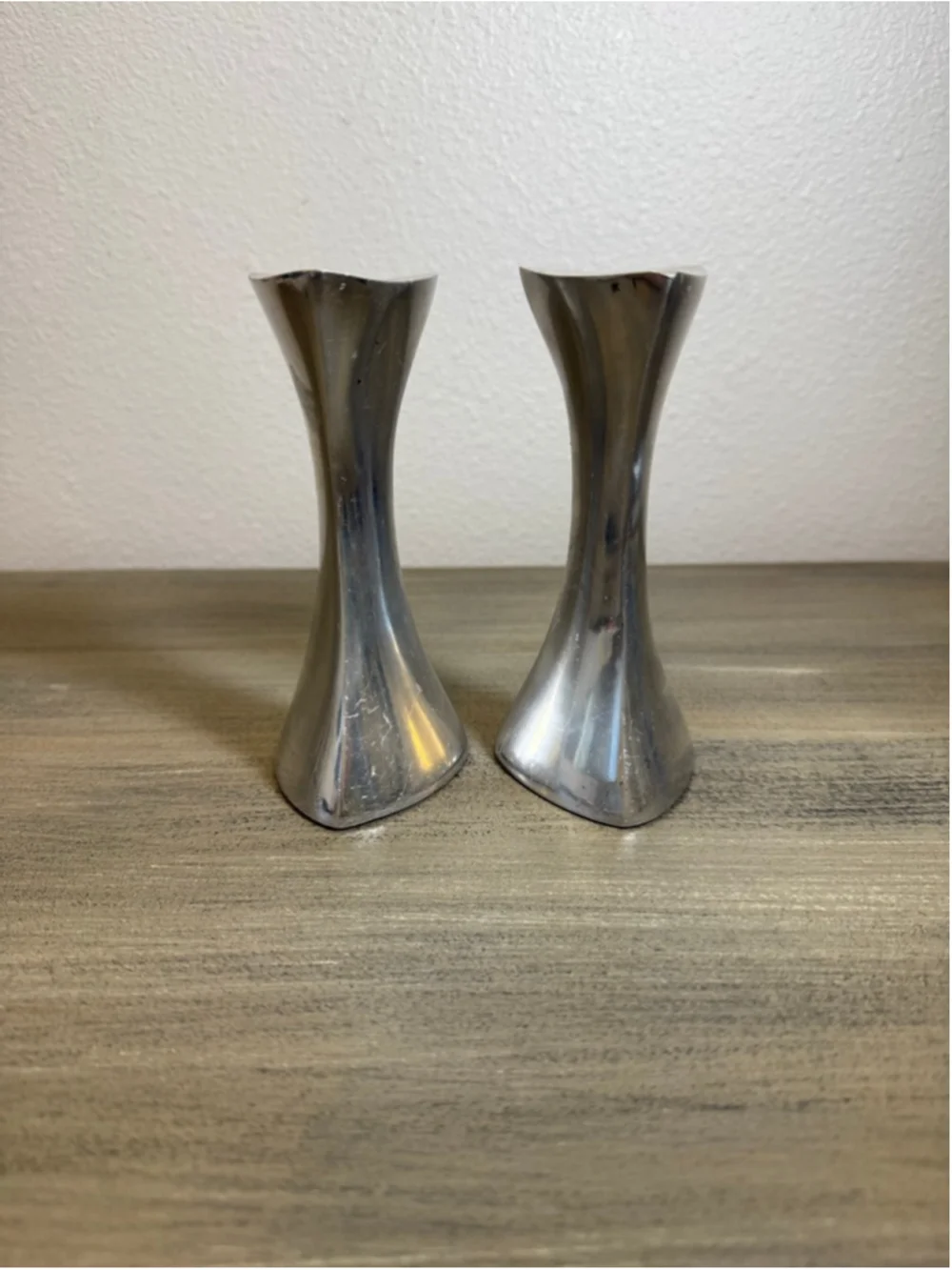 Nambe 594 Candle Stick Holder Tri Corner Aluminum MCM 5.75” Set of 2